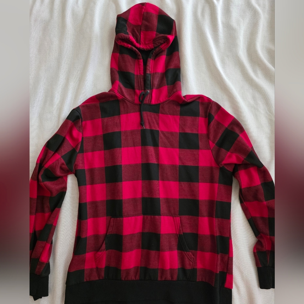 Old Navy Mens Red & Black Buffalo Plaid Pullover Hoodie Casual Park Day Size XXL